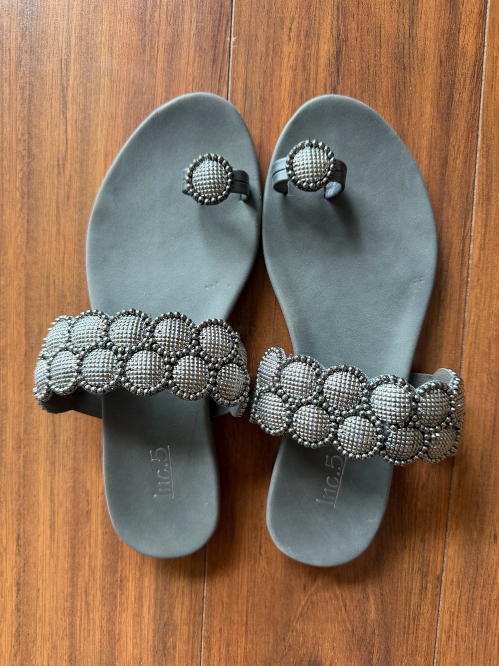 Beaded Silver Toe-Loop Slide Sandals - Women's